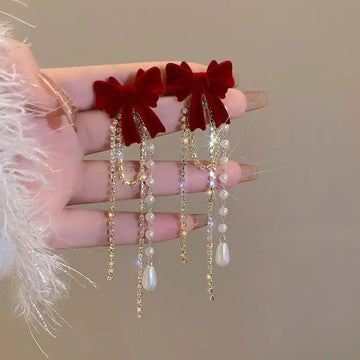 DAIIIBABYYY  -  Wine Red Flocking Bow-knot Rhinestone Pearl Tassel Drop Earrings for Women Korean Fashion Winter New Year Party Earring Jewelry